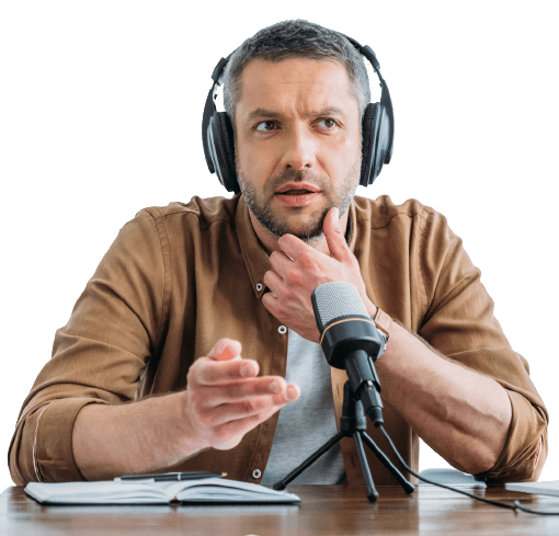 a man in red colour shirt with podcast mike